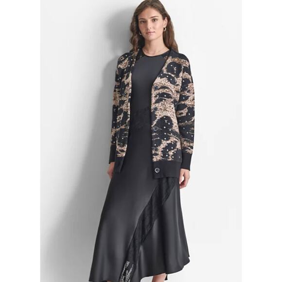 DKNY WOMENS MEDIUM PRINTED BUTTON-FRONT CHENILLE CARDIGAN SWEATER BROWN NEW - Picture 3 of 14